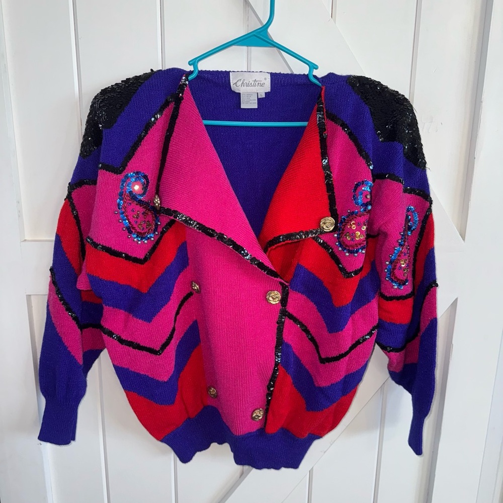 VINTAGE CHRISTINE‎ COLOR BLOCK SWEATER V-NECK GEOMETRIC CHEVRON PULLOVER SIZE L